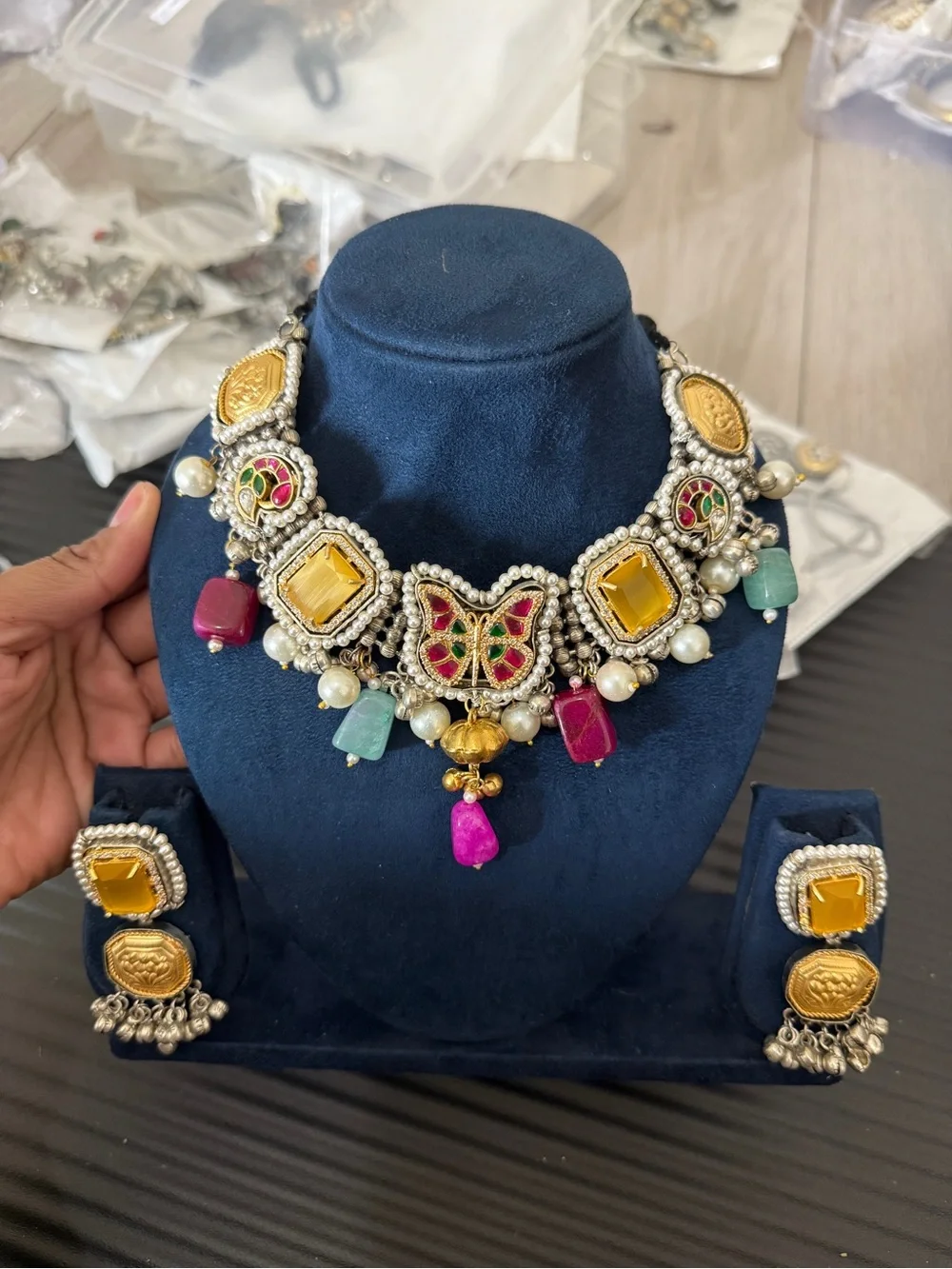 Handcrafted Multicolor Butterfly Statement Necklace with Earrings